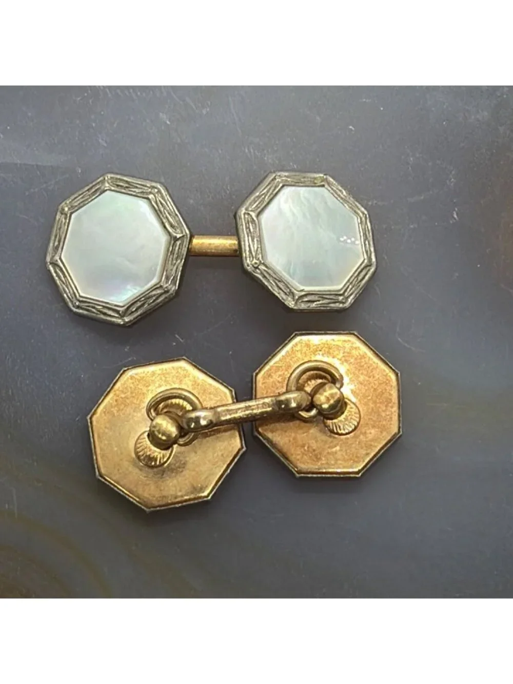 Cufflinks Art Deco Mother of Pearl Rolled Gold Plate Tuxedo Double Sided Vintage